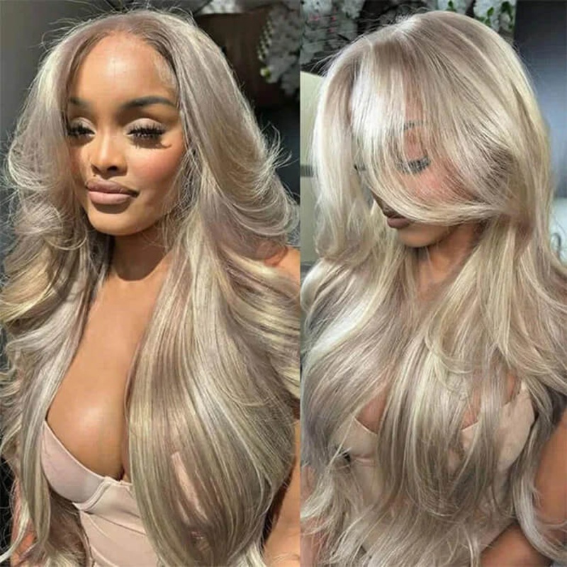 Blonde Highlight Curtain Bangs Body Wave Wigs 13×6 HD Lace Frontal Layered Human Hair Wigs 16 180% 5×5 Lace