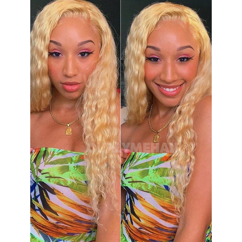 CurlyMe 613 Blonde Water Wave Hair 13×4 Lace Front Wigs Natural Hairline Honey Blonde Hair 180% 10