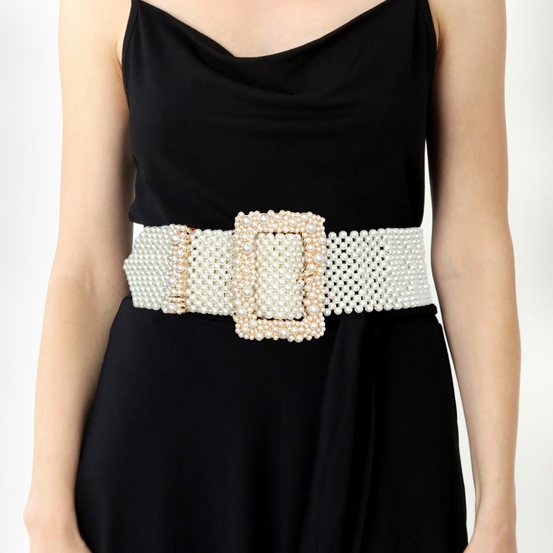 Oversized Pearl Embellished Rectangle Buckle Accented Belt Cream, Gold