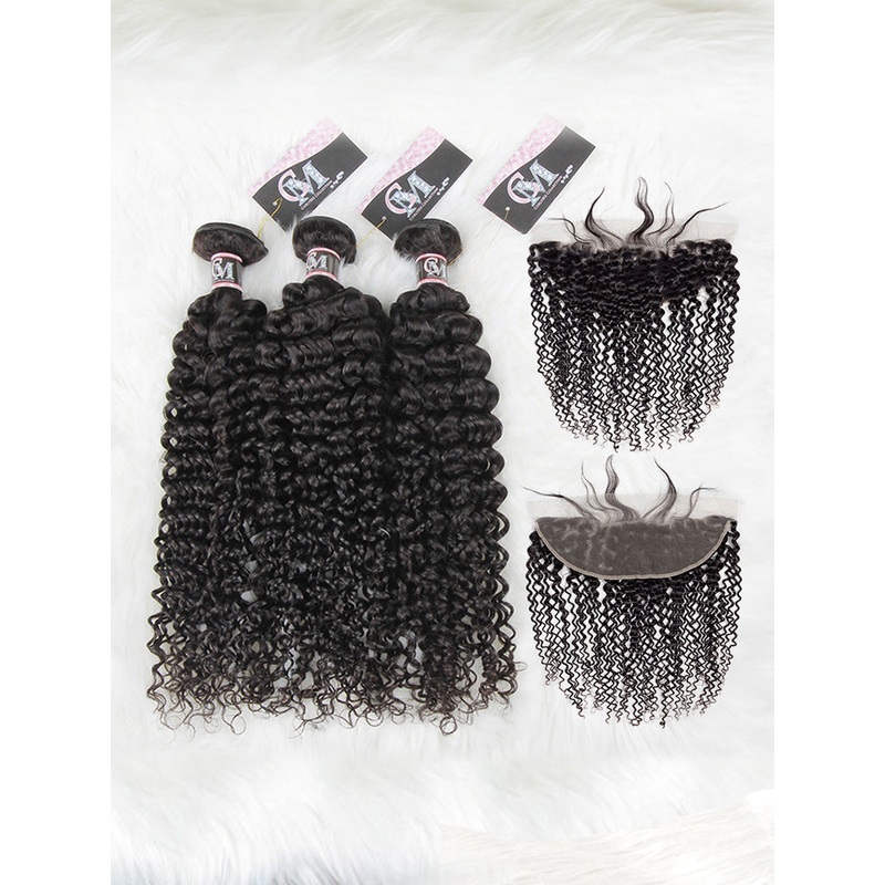 CurlyMe Kinky Curly Virgin Human Hair 3 Bundles With 13×4 Frontal Natural Black 8 10 12 13×4 Frontal 8