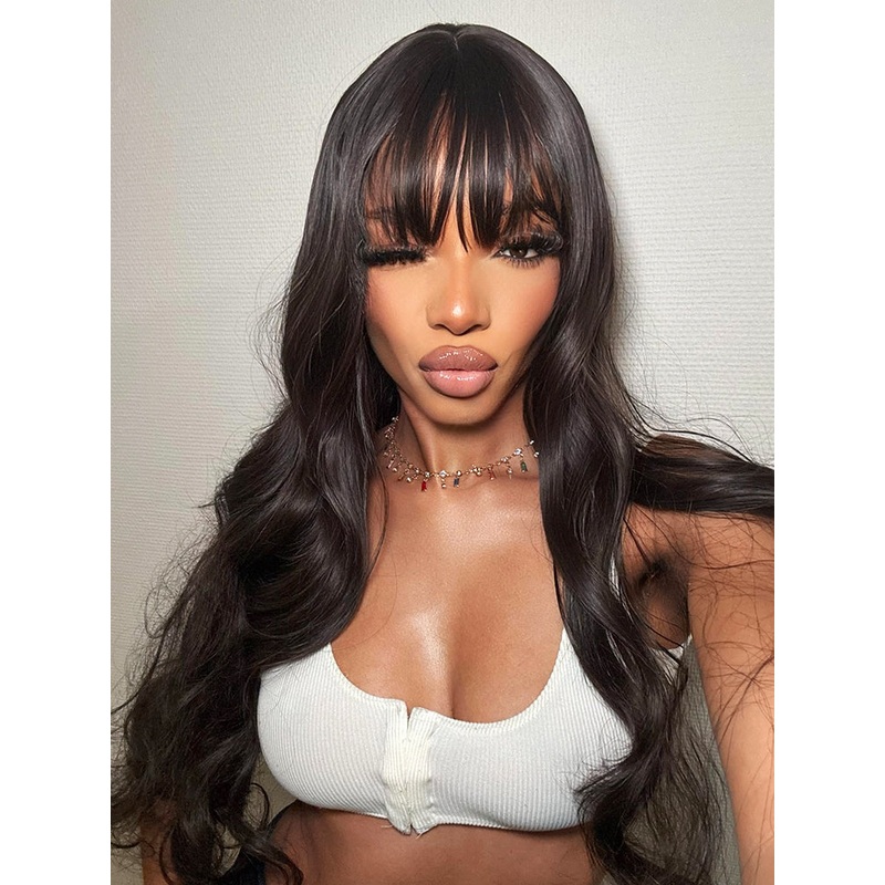 CurlyMe Body Wave Non Lace Wigs Full Machine Made Wigs With Bangs Virgin Hair 8 180%