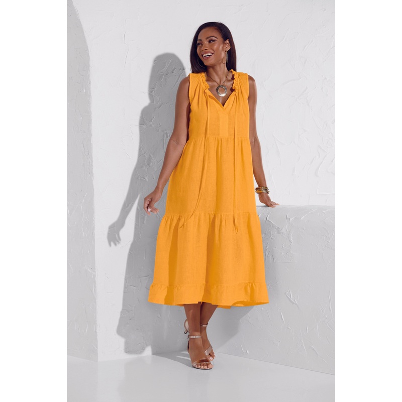 Linen Tiered Maxi Dress by Studio EY GOLDEN YELLOW XXL