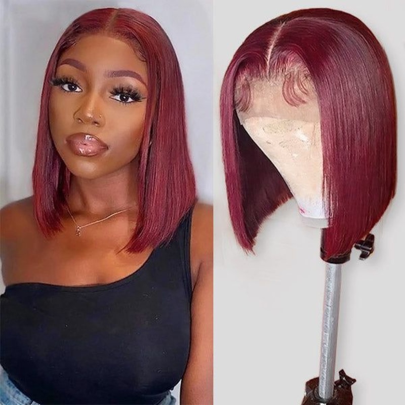QVR 99J Burgundy Color Hair Short Bob Wigs Straight Human Hair Wigs Short Lace Wigs 8 180% 13×4 Lace