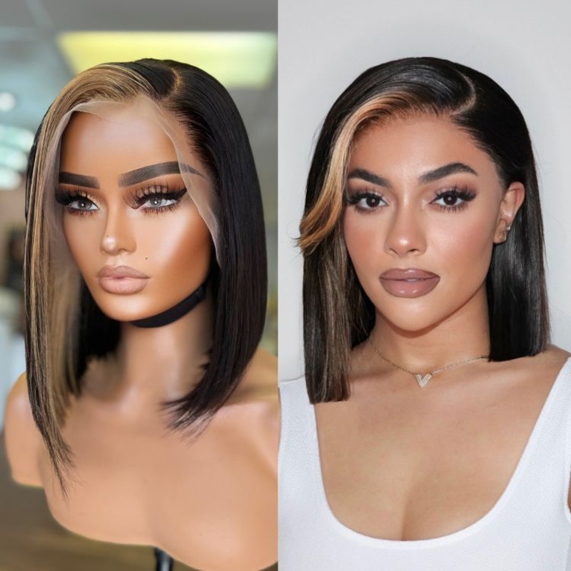 QVR Skunk Stripe Blonde Highlight Short Bob Wig Sliced Cut Straight Human Hair 10” C Part Lace