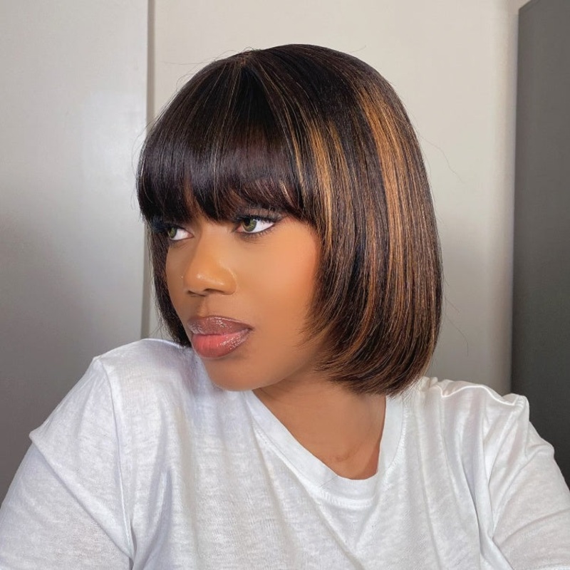 Weekly Special | Put On and Go Reddish Purple / Brown Highlight / Natural Black Layered Cut Yaki Straight Minimalist Lace Bob Wig with Bangs Brown Highlight 10