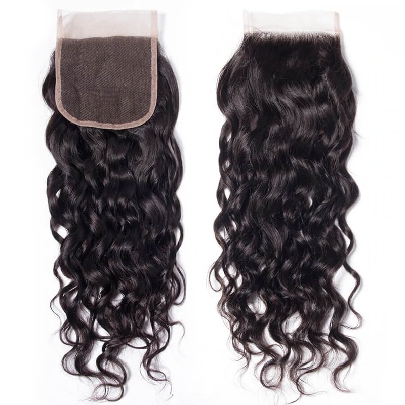 4×4 HD Transparent Lace Closure Water Wave Human Hair Closure Natural Black Hair Top Swiss Lace 12 Medium Brown Lace Free Part