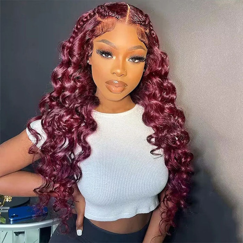 99J Burgundy Colored Human Hair Wigs Loose Wave 13×4 13×6 HD Lace Frontal Wigs 16 13×4 Lace 150%