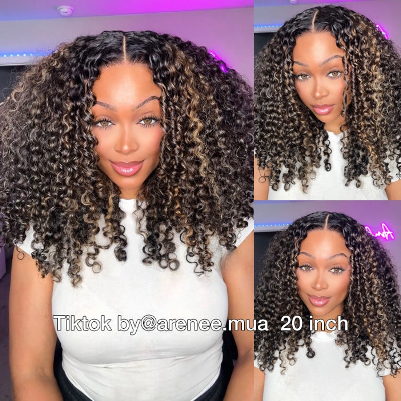 Blonde Highlight Curly Lace Wig 220% Density 13×4 Ear To Ear Lace Frontal Put on and Go Glueless Wig 16 8×5 Pre Cut Glueless 4C Curly Edge 220%