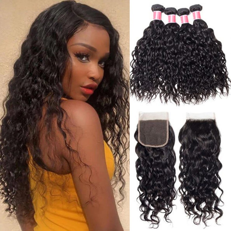 Brazilian Water Wave 4 Bundles with 4*4 Lace Closure Virgin Human Hair 10 10 12 12+8 Free Part