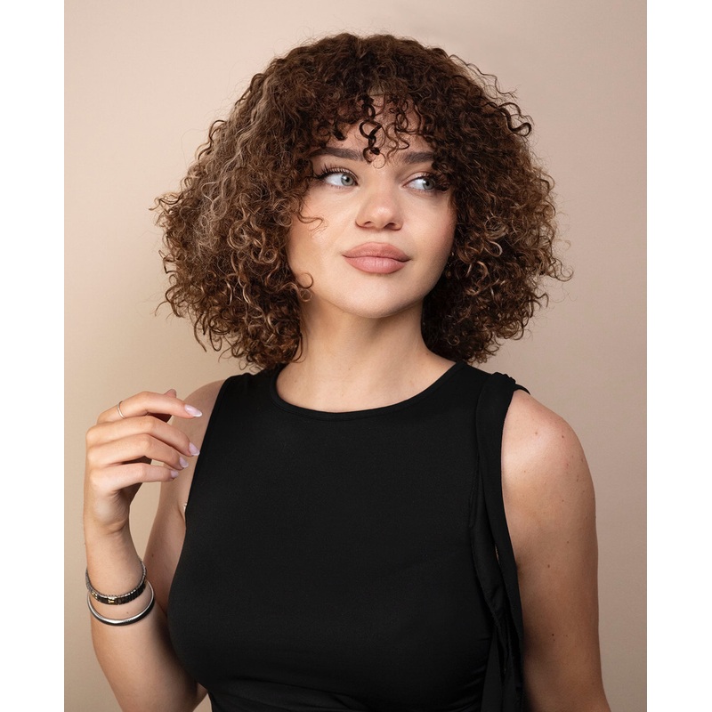 curly human hair wig with bangs – 10″ brown balayage.