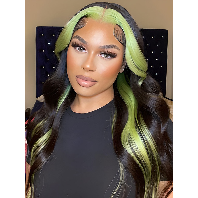 CurlyMe Skunk Stripe Hair Straight Honey Blonde Highlights 13×4 Lace Front Wigs Human Hair Pink 180% 18