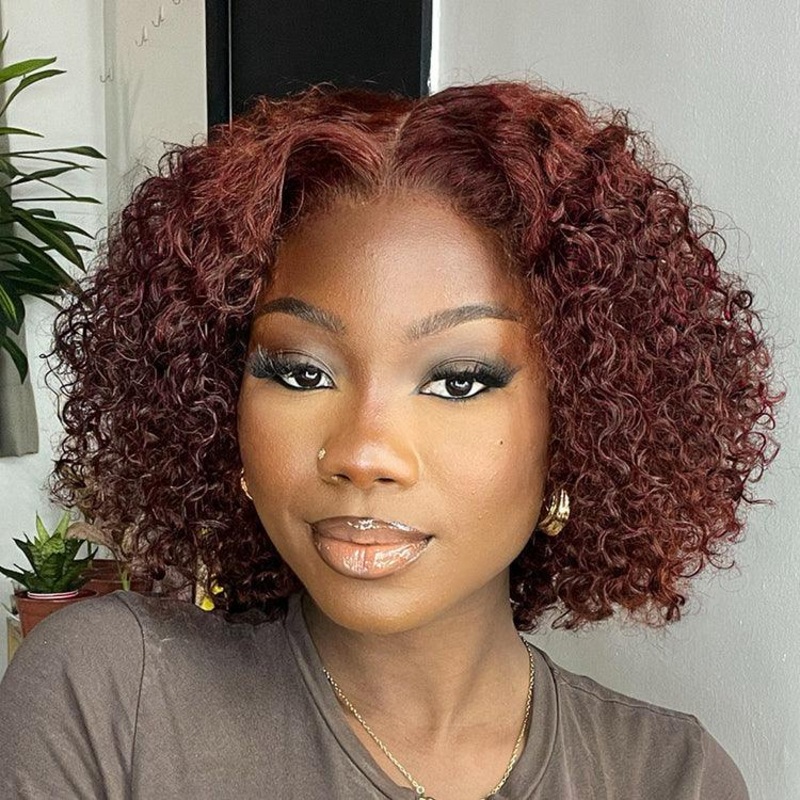 Dark Reddish Brown Water Wave Glueless 5×5 Closure Lace Short Curly Wig  – US Only 10 No