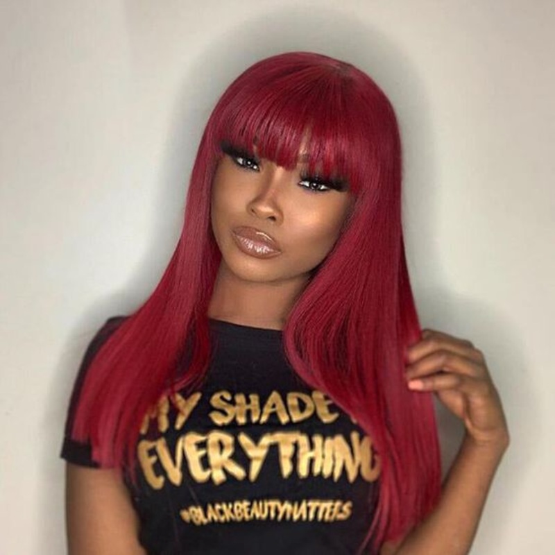 Flash Sale|Burgundy Straight Machine Made Wig With Bang No Lace #BURG