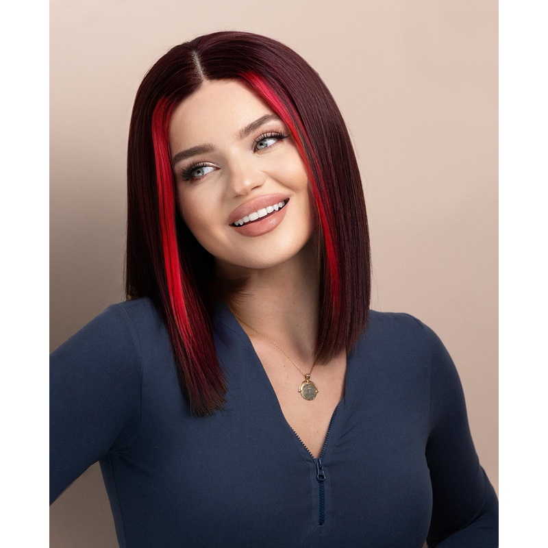 long bob human wig – 10″ red money piece highlights.