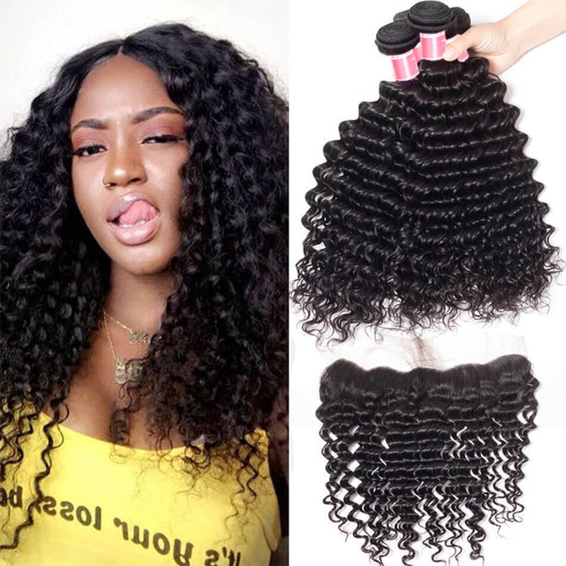 Malaysian Deep Wave 4 Bundles With 13X4 Ear To Ear Lace Frontal Natural Color 10 10 12 12+8