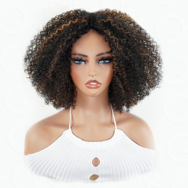 QVR High Quality Natural Curly V Part Wig Highlight #1B/30 Human Hair Short Bob Wig 10”(Deal Price From $69) Highlight #1B/30