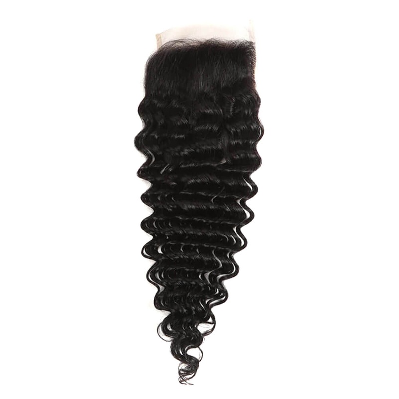 QVR Virgin Human Hair 4*4 Deep Wave Closure Natural Color 14″