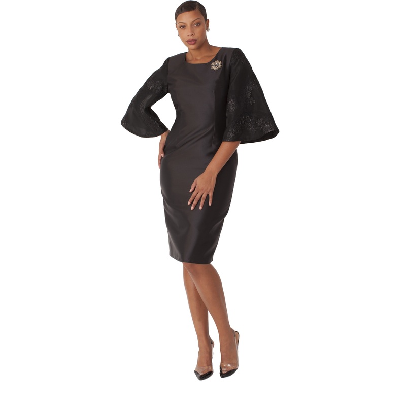 Bell Sleeve Sheath Dress with Crystal Brooch – 9737 BLACK 8