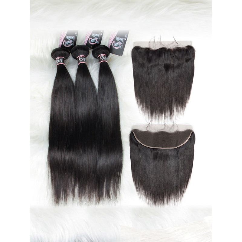 CurlyMe Straight Virgin Human Hair 3 Bundles With 13×4 Frontal Natural Black 8 10 12 13×4 Frontal 8