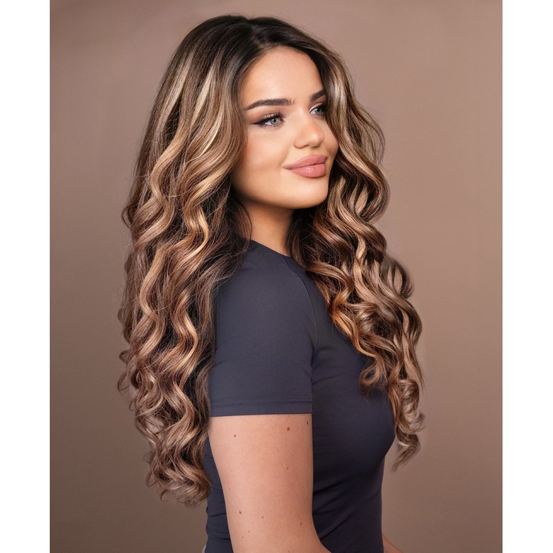 put on & go pre-cut lace wavy human wig – 24″ bronzed highlights.