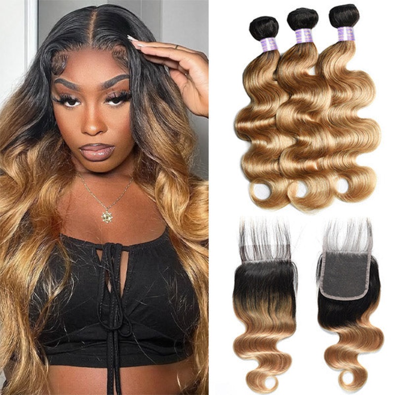 T1B/27 Honey Blonde Color Brazilian Body Wave Hair 3 Bundles With 4×4 Lace Closure Human Hair Weave 8 8 8 with 8