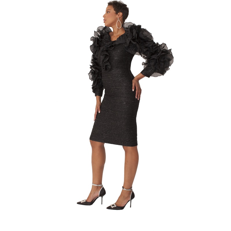 Black Ruffle Sleeve Cocktail Dress  Dramatic Evening Look  9765 BLACK 8