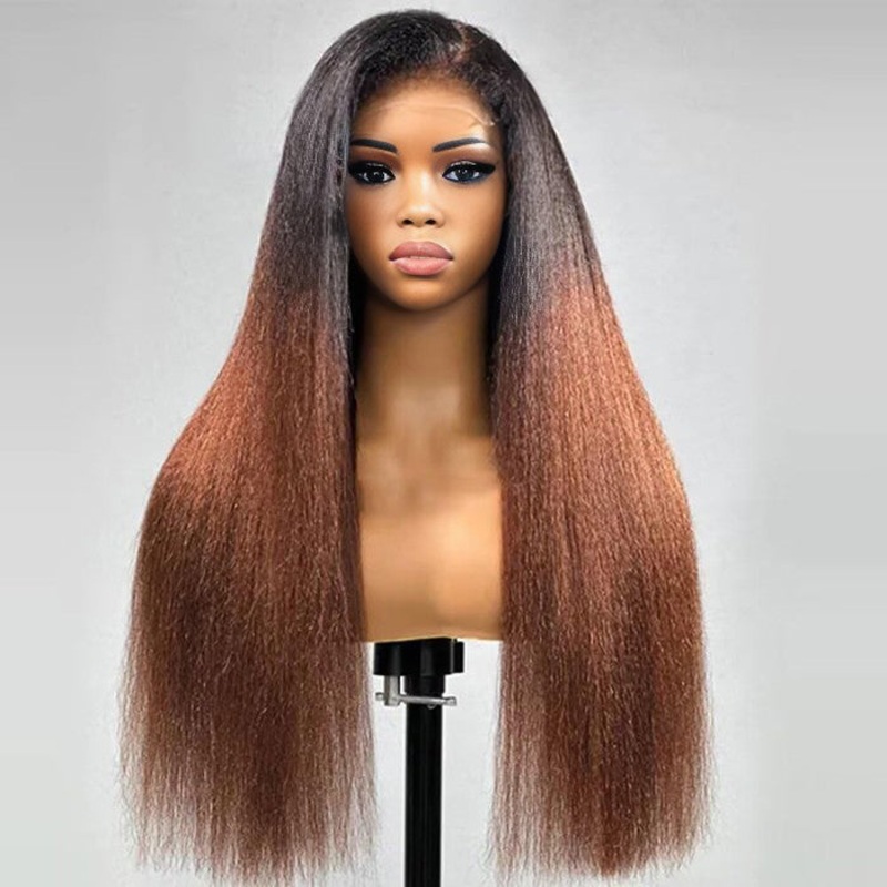 Kinky Edges Ombre Auburn Color Kinky Straight Wig Glueless HD Lace Human Hair Wig For Black Women 12 Pre Cut 8×5 Lace 180%