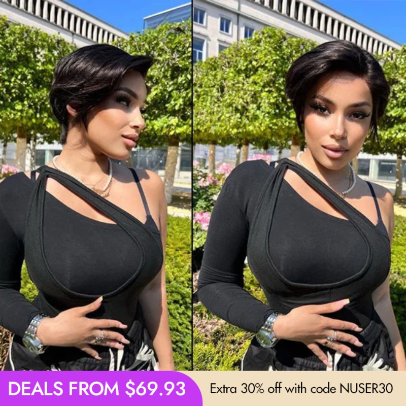 New Customers Only | Affordable Pixie Cut Minimalist HD Lace Glueless Wig Pre-Cut Lace Natural Black 6