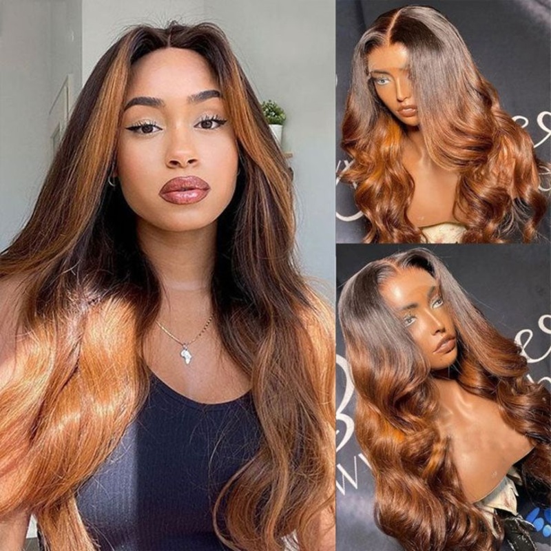 QVR Body Wave Hair 1B/30 Ombre Honey Brown Color Glueless 13×4 Lace Frontal Wig 100% Virgin Human Hair Wigs 13×4 Lace 14