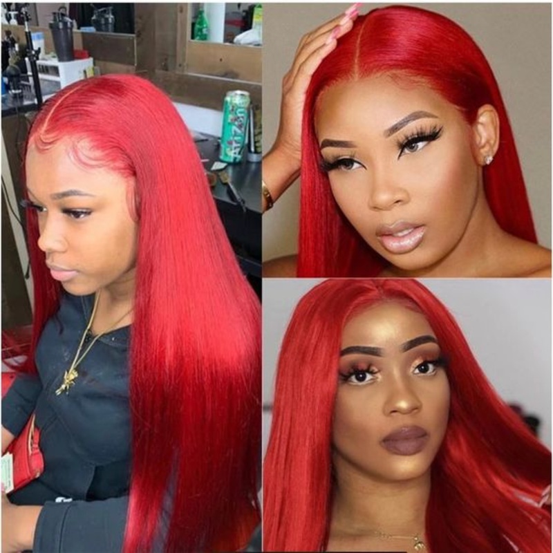 Red Color 13×6 Straight Hair Wig Lace Front Wigs Human Hair Pre Plucked With Baby Hair Glueless Wigs 5×5 Lace 16
