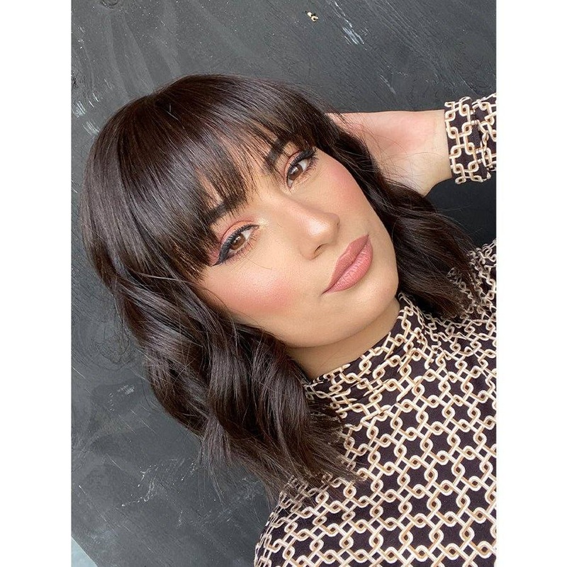 16″ Luxe Silk Top Wig #4 Dark Brown Wavy w/ Wispy Bangs