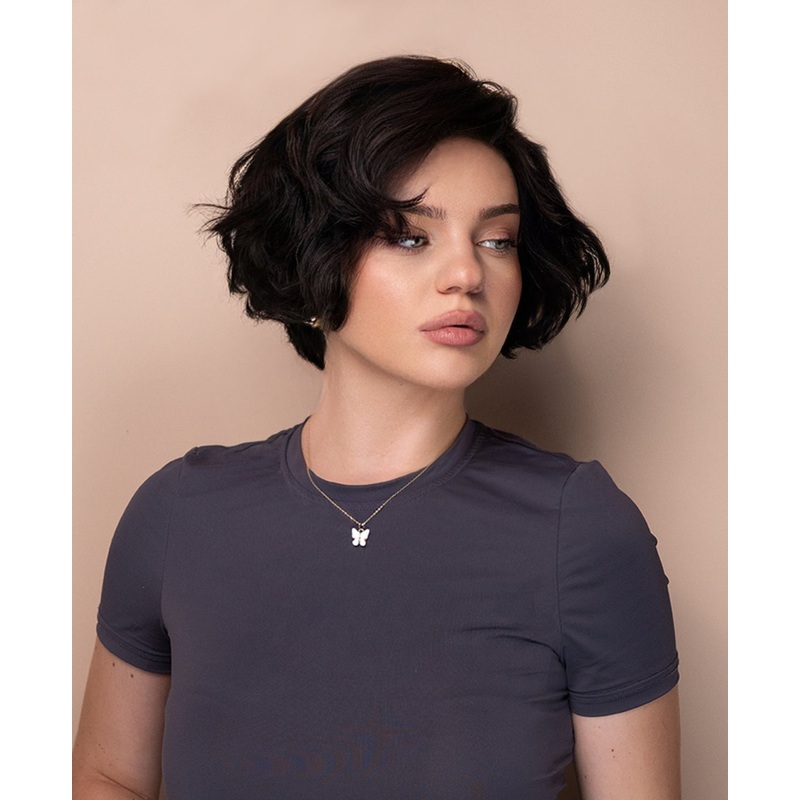 bouncy wedge human wig – 6″ dark brown.