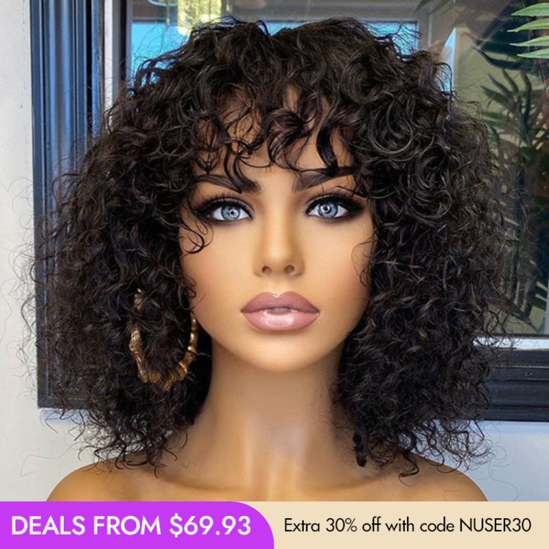 New Customers Only | Beginner Friendly Water Wave Minimalist Lace Glueless Short Curly Wig with Bangs Natural Black 10