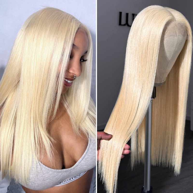 PreMax Wigs – 180% Density Easily Redyed 613 Silky Straight 5×5 Closure HD Lace Glueless Mid Part Long Wig Pre-cut & Plucked & Bleached 12