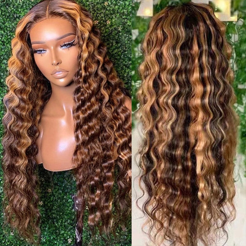 QVR Loose Deep Wigs Virgin Human Hair Brown Blonde Wig 13×4 Lace Front Wigs Highlights 30 Inch 8 150% P4/27