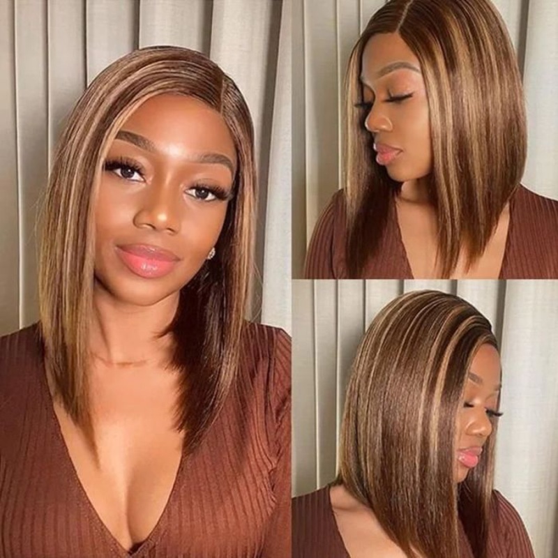 QVR Piano Highlights Color 13×4 4×4 Lace Closure Short Bob Wigs Honey Blonde Straight Human Hair Wig 8 180% 4×4 Lace