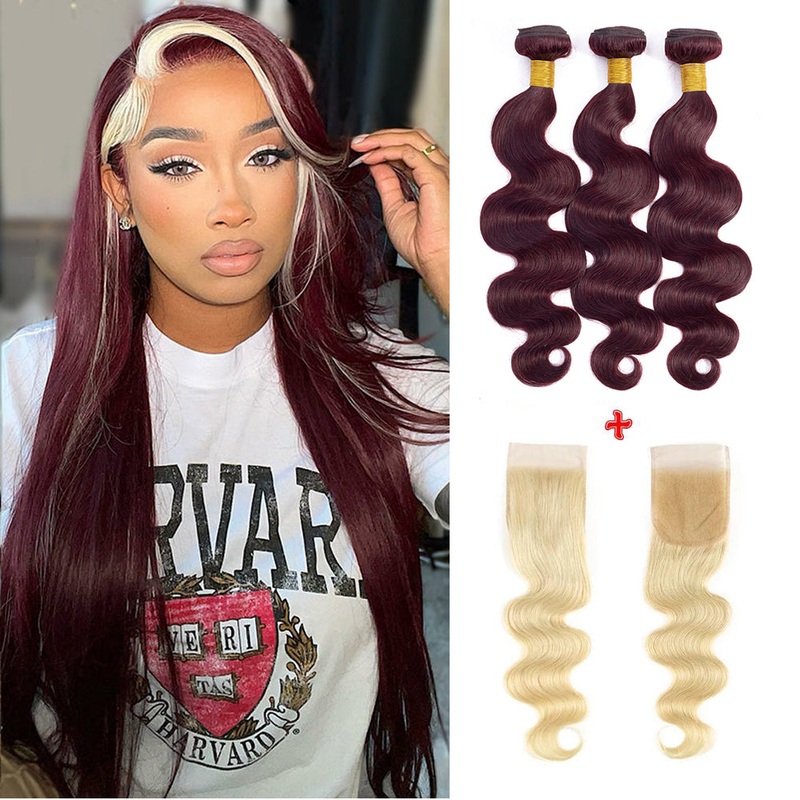 Skunk Stripe Human Hair 3 Bundles with Closure Blonde Closure And 99J Hair Bundles Style Virgin Human Hair Weave 10″10″10″+8″