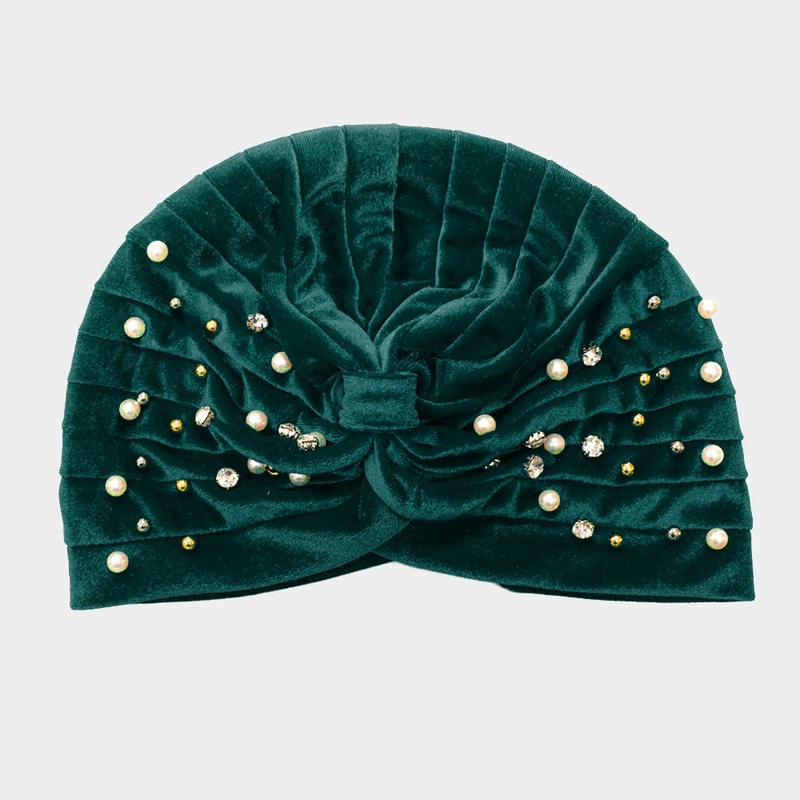 Stone Pearl Detailed Pleated Turban Beanie Hat Green