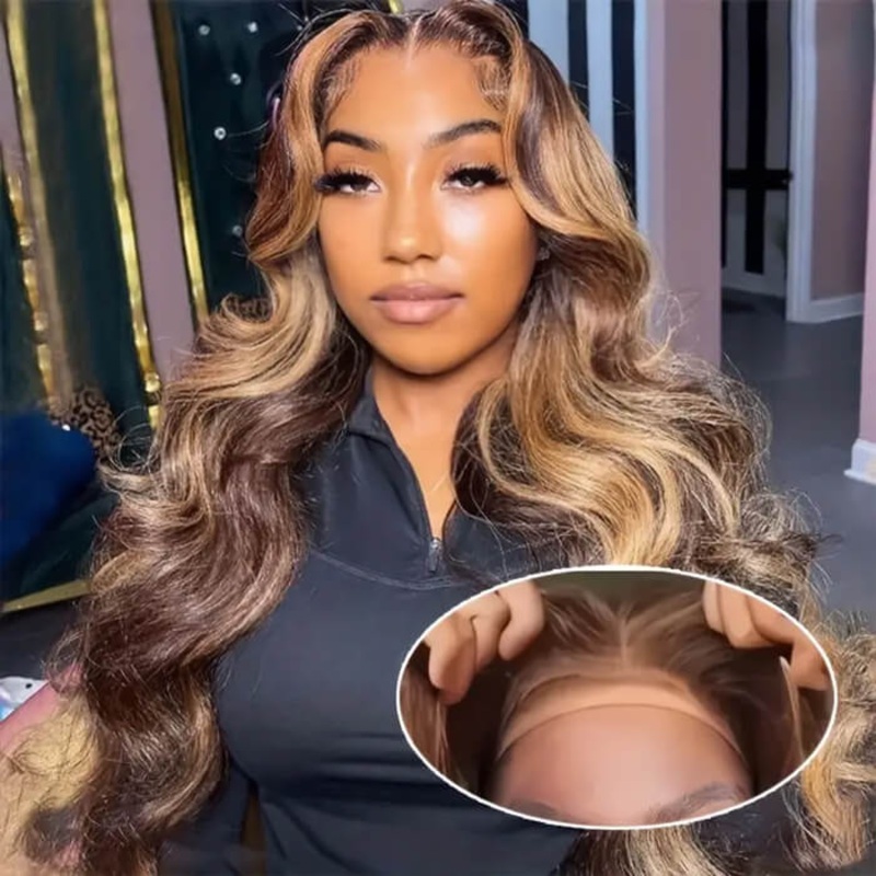 8×5 Glueless Lace Honey Blonde Body Wave Wig With Bleached Knots Put and Go Wig 14 180% With Baby Hair
