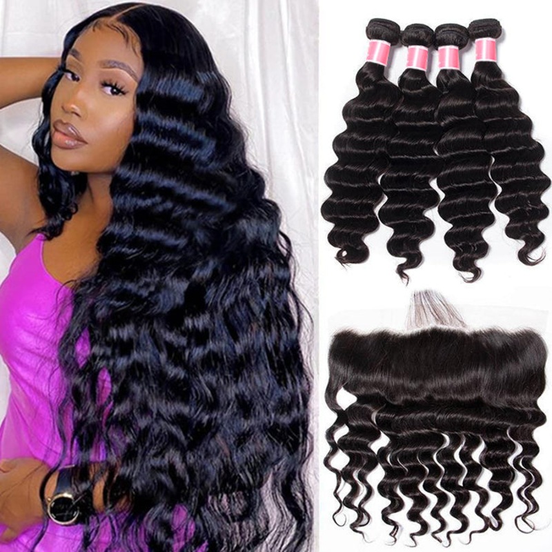 Brazilian Loose Deep Wave 4 Bundles with 13*4 Lace Frontal Virgin Human Hair 10 10 12 12+8