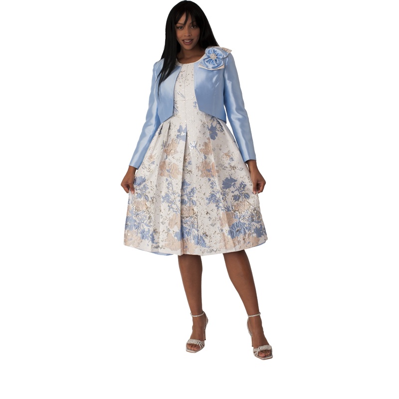 Brocade Dress Set with Jacket & Brooch – 4830 BLUE/MULTI 6