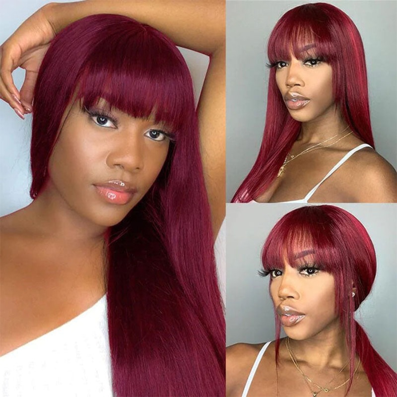 Burgundy 99J Silk Straight Human Hair Wig with Bangs Glueless Top 2×4 Lace Wig Fringe Style 14 150%