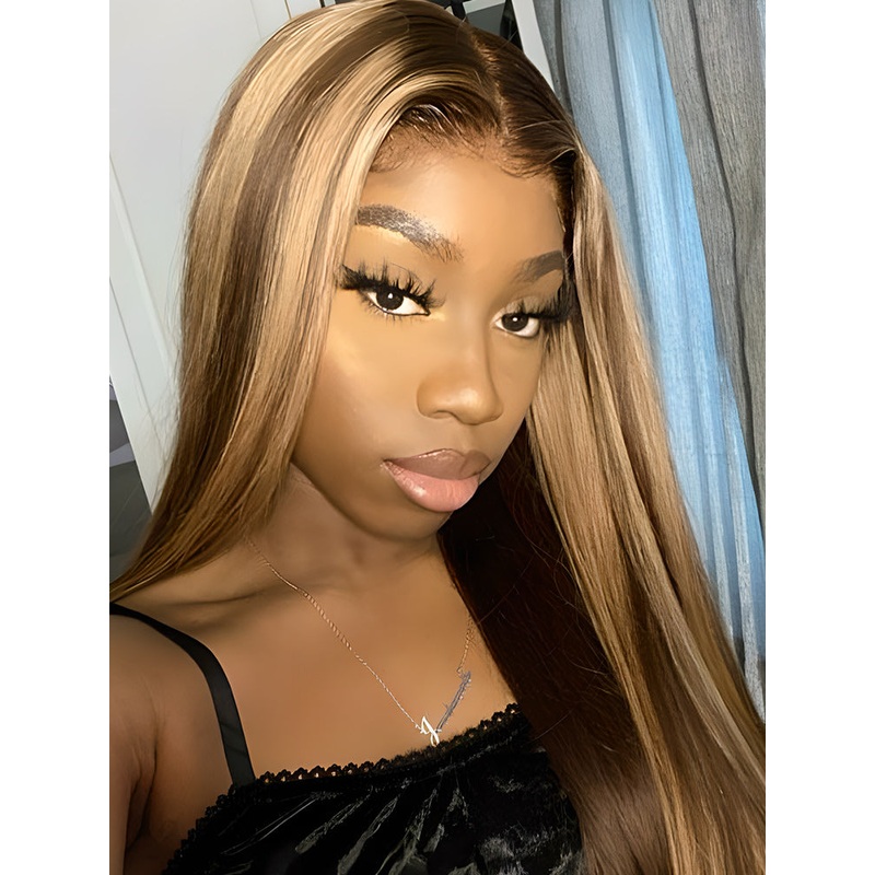 CurlyMe Honey Blonde Highlights Ombre Hair Colored Straight Human Hair Wigs 180% 16