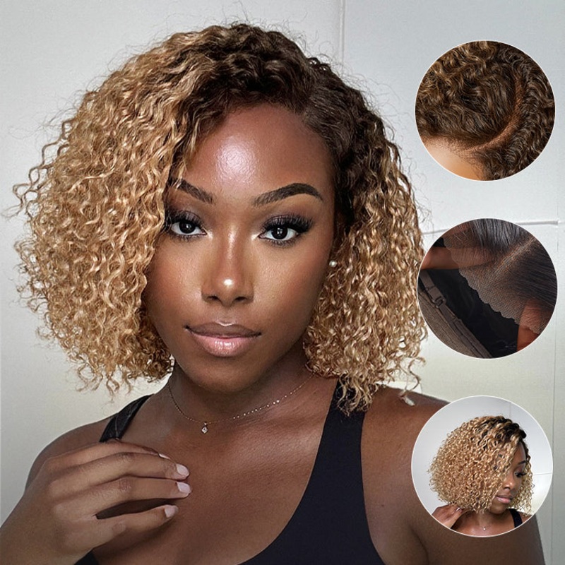 Put On & Go Ombre Ash Blonde Kinky Curly Glueless Minimalist HD Lace Wig Pre-Cut Lace – US Only 8