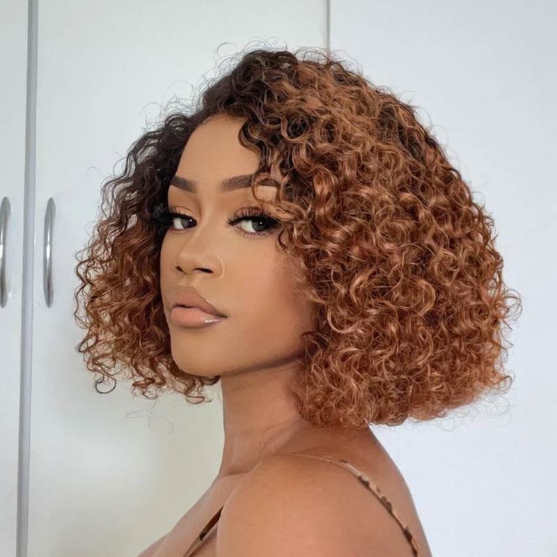 QVR Glueless Pre-cut 4X6 Lace Closure Side Part Wigs Short Bob Curly Mix Brown Human Hair Wigs 10” 180% 4×6 Pre-cut Lace
