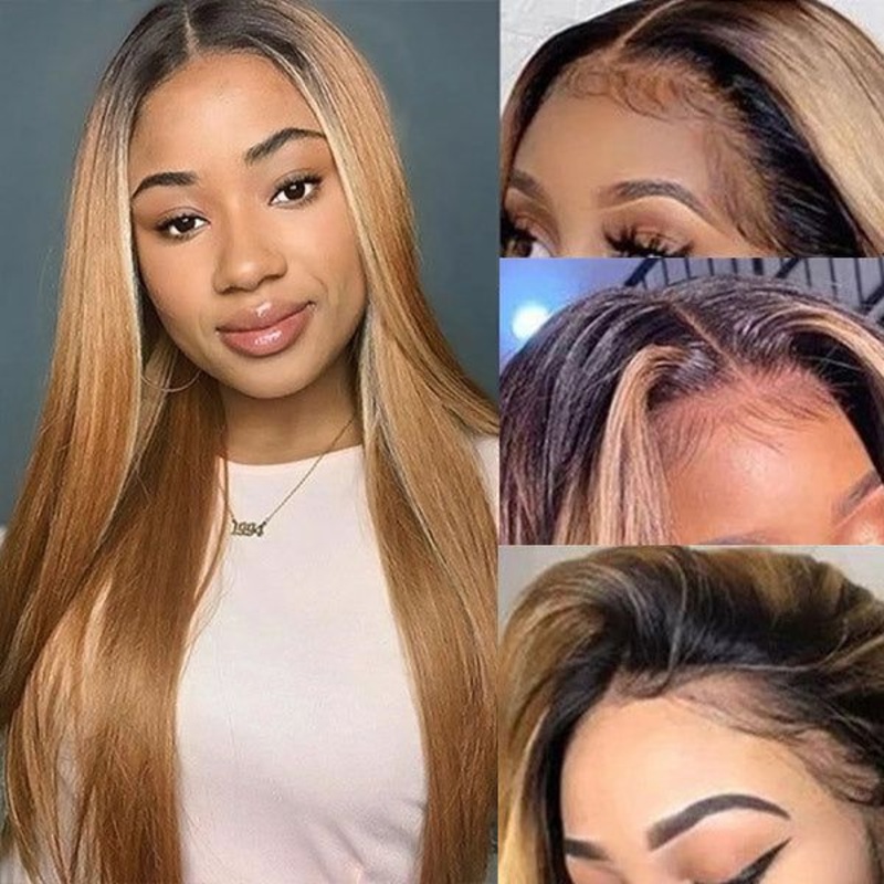 QVR Straight 1B/27 Honey Blonde 4×4 Lace Closure Wigs with Dark Roots For Black Women Human Hair Wigs 4×4 Lace Straight 14