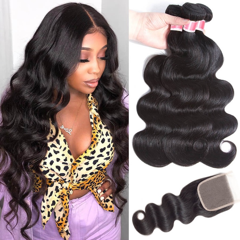 Brazilian Body Wave 3 Bundles with 4*4 Lace Closure Virgin Human Hair 12 12 12+10 Free Part