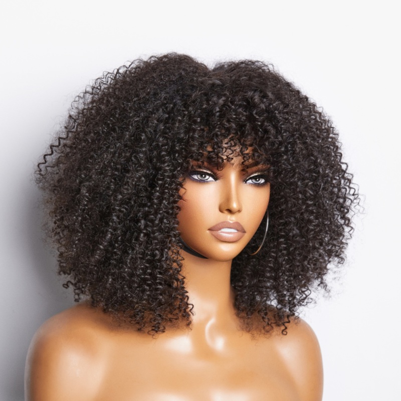 Breathable Cap Ready to Go Bouncy Jerry Curl Glueless Minimalist Lace Curly Wig with Bangs 14