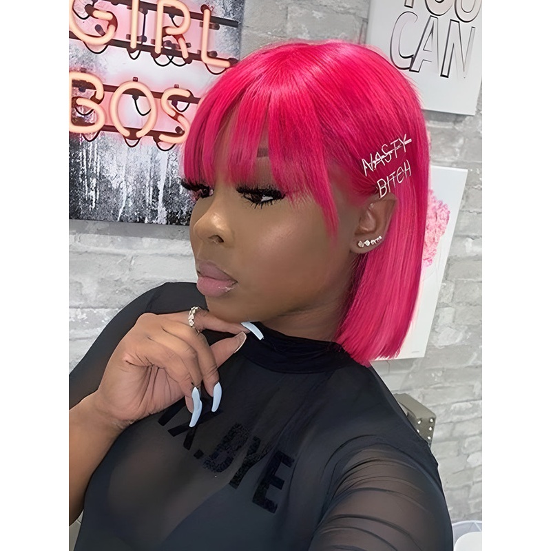 CurlyMe Short Cut Straight Pink Hair No Lace Bob Wigs With Bangs 8