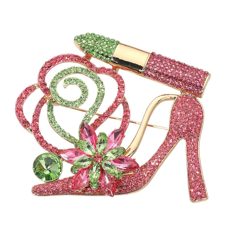 Rhinestone Embellished Flower Accent Glam High Heel Lipstick Pin Brooch Gold, Pink&Green